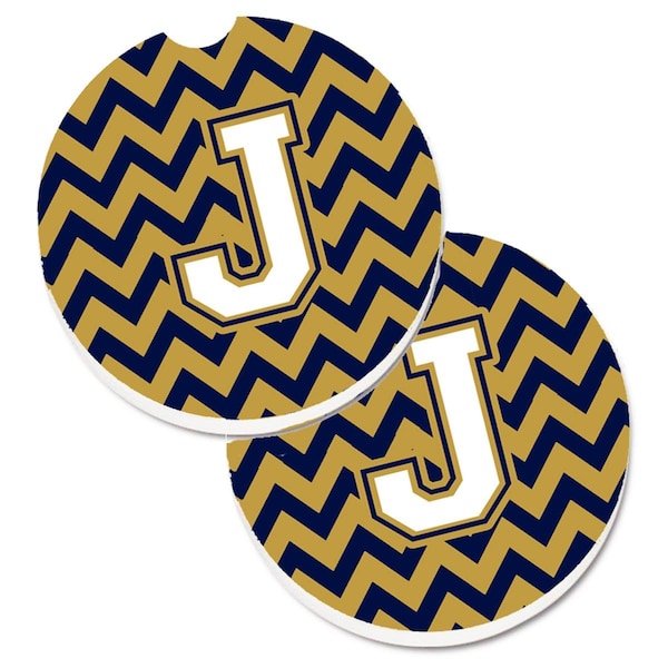 Carolines Treasures Letter J Chevron Navy Blue and Gold Set of 2 Cup Holder Car Coaster CJ1057-JCARC - main